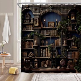 WANVYON Bookshelf Shower Curtain Vintage Medieval Bookcase Spooky Gothic Dark Academia Library Bathroom Decor Polyester Curtains with Hooks