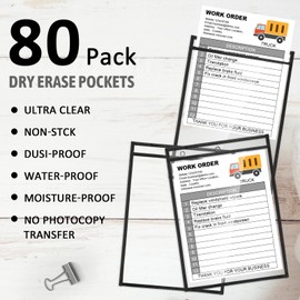 Yunsailing 80 Pack Dry Erase Pockets Job Ticket Holders Reusable Dry Erase Shop Holder Clear Order Ticket Sleeve Plastic Sleet Protectors Pocket for Teacher Work Classroom Office Organization, Black