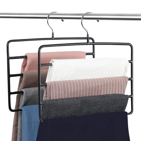 Pants Hangers Space Saving,4 Layered Pants Rack,Set of 4 Chrome Metal Hangers,Non Slip Rubber Coating,Organizer for Pants,Jeans,Trousers,Scarf,Ties,Towels