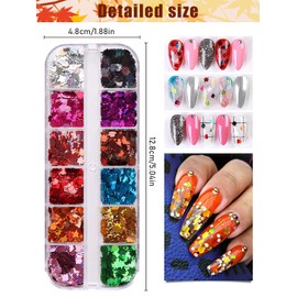 EBANKU 12 Colors Maple Leaf Nail Art Glitter Sequins, 3D Flakes Laser Fall Maple Leaf Nail Glitter Holographic Autumn Leaf Shape Nail Sequins for Nails Supply Glitter Decorations