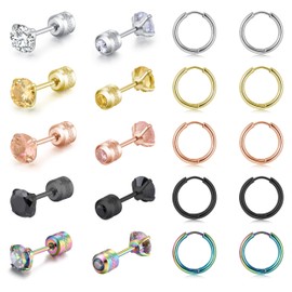 5 pairs of titanium screw surgical stainless steel stud earrings, Titanium Screw Back Stud Earrings Set for Sensitive Ears, rainbow 3A cubic zirconia studs double-sided Earrings perforated sleepers