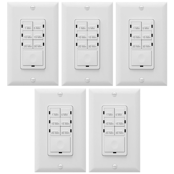 Enerlites Bathroom Timer Countdown Switch, HET06A-R | In-Wall Electrical Timer for Fans, Electrical Outlets, Indoor and Outdoor lights,with On/Off switch | White - 5 Pack