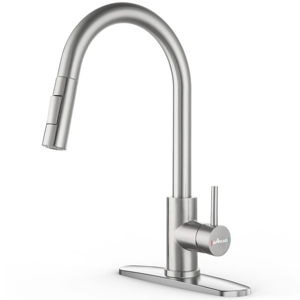APPASO Kitchen Faucet with Pull Down Sprayer Brushed Nickel, Single-Handle High Arc Swan-Neck Modern Kitchen Sink Faucet with Optional Deck Plate Stainless Steel, Silver