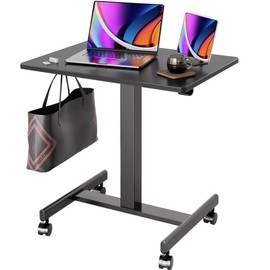 Claiks Mobile Standing Desk, Small Rolling Standing Desk, Mobile Desk Workstation with Wheels, Pneumatic Mobile Laptop Desk for Home Office with Hook, Black