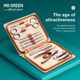 MR.GREEN Manicure Set 12 In 1 Full Function Nail Clippers Personal Care Tool Kits Stainless Steel Pedicure Sets With Leather Case Idea Gift (12Pcs set), Brown