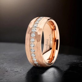 VowKeeper 8mm Titanium Men's Wedding Ring - Rose Gold, Diamond Inlay, Hammered Design, Lightweight Comfort Fit Sizes 10