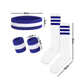 Werownsgso Pack of 5 Striped Sweatbands, 80s Outfit, Women's Accessories with Striped Headband, Wristbands, Socks, Sports Headbands Set for Fitness, Sports, Retro Party (Blue)