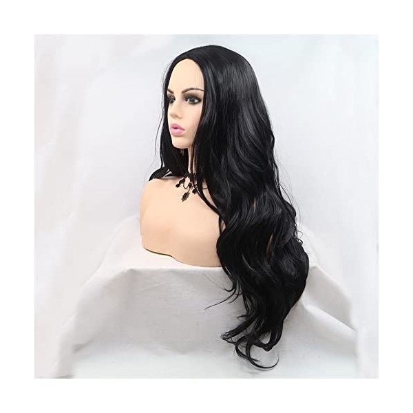 Xiweiya Wigs 1B Curly Wig Dark Hair Synthetic Fully Machine Made Wig Heat Resistant Fibre Centre Parting for Women Drag Queen Cosplay Makeup 24 Inches