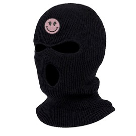 Girl Smiley Face Three Hole Ski Mask Full Face Cover Knitted Embroidery Warm Graphic Balaclava (Black)