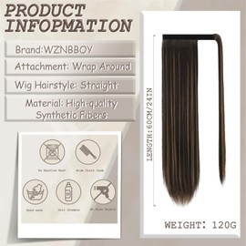 WZNBBOY Straight Long Ponytail Extensions 24 Inch Wrap Around Pony Tail Hair Synthetic Hairpiece Fake Clip in Ponytail Hair Pieces Hair Extensions for Women (Dark Brown Mix Blonde)