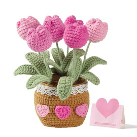 Niflirt Tulips Crochet Flower Bouquet Crocheted Potted Plant Flowers Forever Tulip Pot Crafted Decor (Pink)