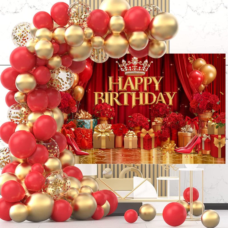 Mocsicka Red and Gold Birthday Banner(Red, 70.8 x 43.3 Inch)