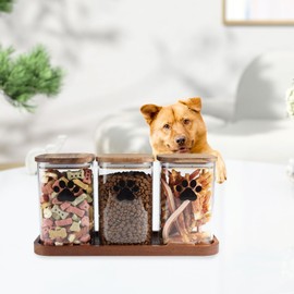 Brabtod 37oz Glass Dog Treat Jars Set of 3,Clear Dog Treat Container with Wooden Lids,Airtight Cat Treat Jar,Small Pet Treat Canister,Puppy Food Bin-Keep Fresh Crispy-Brown