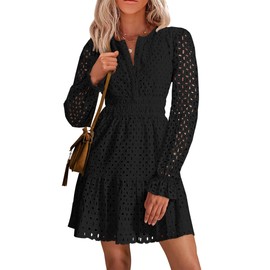 PRETTYGARDEN Women's 2024 Long Sleeve Mini Dress Eyelet V Neck A Line Casual Elegant Holiday Wedding Guest Party Dresses (Black,Medium)