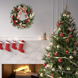 VENTIMI Christmas Wreath for Front Door, 16 Inch Christmas Wreaths with Khaki Bow & Ball Ornaments, Christmas Decor for Windows, Outdoor Indoor Christmas Decorations with 11 Inch Metal Hanger