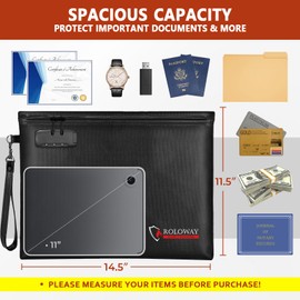 ROLOWAY Fireproof Document Bag (14.5 x 11.5 inch), 6400℉ Fireproof Money Bag with Zipper for Cash, Fire Safe Money Pouch with Lock (Black)