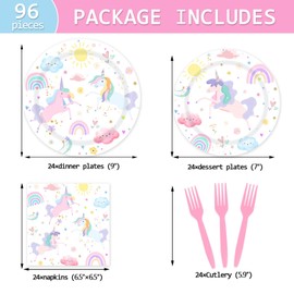 AEMUYA - Juego de 96 piezas de unicornio para fiesta, juego de vajilla mágica de arcoíris pastel para cumpleaños de niñas, sirve a 24 invitados con platos, servilletas, tenedores, decoraciones