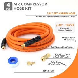 FYPower Air Compressor Hose 3/8 Inch x 25 Feet Hybrid Hose with Fittings, Flexible and Kink Resistant, 1/4" Industrial Quick Coupler and Plug Kit