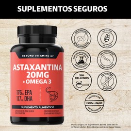 Beyond Vitamins Astaxantina 20mg de Haematococcus pluvialis + Omega 3 EPA/DHA | 176mg EPA + 117mg DHA | Extracto Natural de Oleorresina, Aceite de Pescado, Alta Potencia | 60 Cápsulas