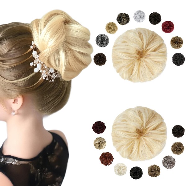 FELENDY 2PCS Messy Bun Hair Piece Large Wavy Curly Elastic