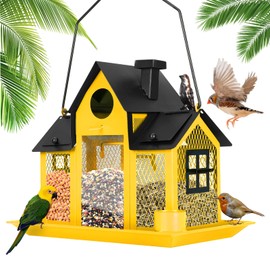 Solar Bird Feeders House for Outside Hanging, Metal Wild Bird Feeder for Outdoors Large Capacity Cardinal Birdfeeder Birdhouses Metal Bird Feeding Station Yellow