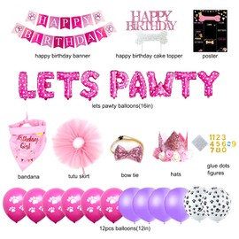 Dog Birthday Party Supplies, Pink Dog Birthday Decorations, Lets Pawty Balloons Banner Hat Bandana Tutu Skirt Outfit for Small Medium Dogs