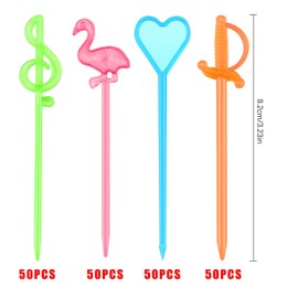 Hysagtek 200 Pcs Plastic Fruit Cocktail Appetizer Drinks Skewers Flamingo/Heart/Music Notes/Sword Shape, Multicolor
