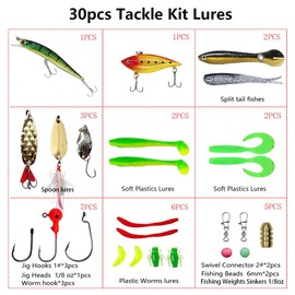 UperUper Fishing Lures Kit Set, Baits Tackle Including Crankbaits, Topwater Lures, Spinnerbaits, Worms, Jigs, Hooks, Tackle Box and More Fishing Gear Lures for Bass Trout 30pcs