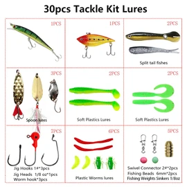 UperUper Fishing Lures Kit Set, Baits Tackle Including Crankbaits, Topwater Lures, Spinnerbaits, Worms, Jigs, Hooks, Tackle Box and More Fishing Gear Lures for Bass Trout 30pcs