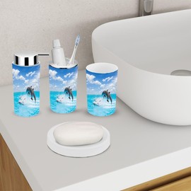 XNGJEMVWXO Bathroom Accessory Set 6 Piece Pack Jumping Dolphins Toothbrush Holder, Toothbrush Cup, Soap Dispenser, Soap Dish, Toilet Brush Holder, Trash can, iyexNUcoyw2Ga-6j