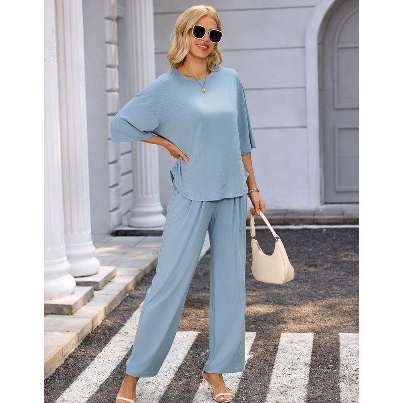 difficort Womens 2 Piece Outfits Short Sleeve Lounge Sets Wide