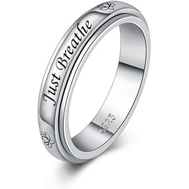 Sterling Silver Just Breathe Spinner Ring Fidget Anxiety Worry Relieving Boredom ADHD Autism Band Rings for Women.9#