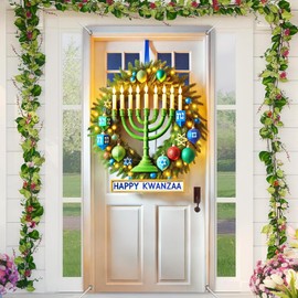 BlissYard Happy Hanukkah Door Cover Wreath Shaped Golden Menorah with Blue Candles, Star of David & Dreidels 35x70 Inches Jewish Holiday Decor for Indoor Outdoor Celebrations