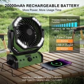 ELZO 20000mAh Camping Fan with LED Light, Portable Rechargeable Desk Tent USB Fan with Remote & Hook, 270°Head Rotation, Stepless Speed, with Sleep Mode for Home Outdoor Office Travel Fishing