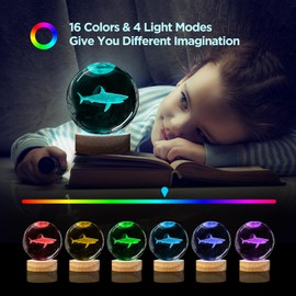 3D Shark Crystal Ball Night Light with Remote Lifelike 3.15 In Shark Sea Animal Glass Ball Lamps with 16 Color LED Wooden Base for Birthday Holiday, Cool Shark Toy Room Decor Gifts for Boys Girls Kids