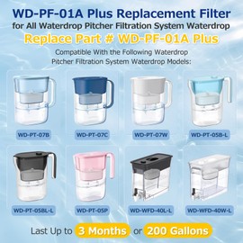 4 Pack WD-PF-01A Plus Replacement Filter for All Waterdrop Pitcher Filtration System, Compatible with Waterdrop WD-PF-01A Plus, Reduces PFOA/PFOS, Chlorine, Last Up to 3 Months or 200 Gallons, White