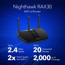 NETGEAR Nighthawk WiFi 6 Router (RAX30) - Security Features, 5-Stream Dual-Band Gigabit Router, AX2400 Wireless Speed (Up to 2.4 Gbps), Covers Up to 2,000 sq.ft. and 20 Devices