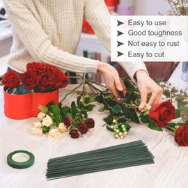 APOMOONS 150 Stück Blumendraht Grün Floristik, 2mm Blumenstamm Steckdraht Floristik mit 1 Floristenband, Floristendraht für handwerkliche Kränze Sträuße 30CM Lang