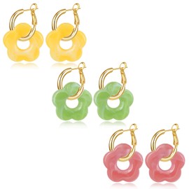 MOROYA 3 Pairs Acrylic Flower Earrings for Women Trendy Dual-use 14K Gold Plated Hoops Y2k Resin Floral Daisy Drop Earrings Set Style1