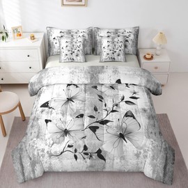 Gray Butterfly King 7-Piece Bedding Set Abstract Oil Painting Comforter Set with Sheets Rustic Farmhouse Bed in a Bag with Flat and Fitted Sheet Gray White Butterflies Bedding Sets & Collections