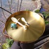 12 Inch Round Golden Tray with Brown Handle, Metal Vanity