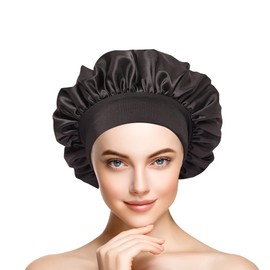 Willowbrie Satin Bonnet for Women Double Layered, Large Sleep Cap for Curly, Frizzy and Protective Hair Styles, with Adjustable Soft Elastic Head Band That Stays on Comfortably (Black)