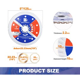 BRSCHNITT Diamond Blade for Concrete Masonry,2pcs 5 Inch (125mm) with Arbor 7/8" Dry/Wet Continuous Rim Diamond Cutting Disc for Granite Marble Stone Hard Concrete Reinforced Concrete