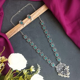 Efulgenz Oxidized Indian Jewelry Necklace Sets Green Indian Oxidized Jewelry Oxidized Choker Necklace Earrings Set Antique Boho Crystal Faux Pearl Floral Swamp Deer Pendant Necklace Drop Dangle