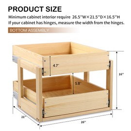 Mulush Pull Out Cabinet Organizer, 26''W×21''D×16''H Soft Close Slide Out Wood Drawer Shelves Storage for Kitchen, 2-Tier, Finished, Heavy-Duty, Bottom Assembly