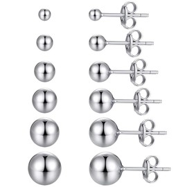 Ball Stud Earrings Unisex Set of 6 Pairs 316L Stainless Steel Plain Ball Round Bead Set Shiny Earrings All Size-3mm 4mm 5mm 6mm 7mm 8mm for Men Women Unisex