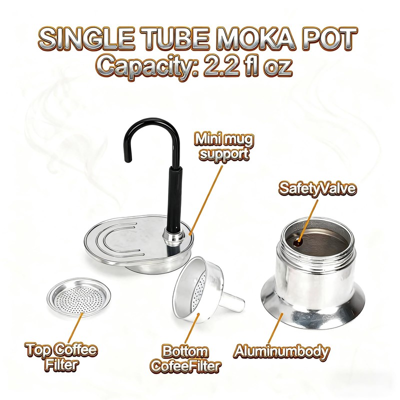 WINXYMIN 50ml Mini Aluminum Moka Pot - Single Tube Espresso