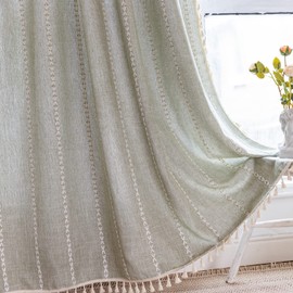 RoomTalks Sage Green Boho Farmhouse Curtains for Bedroom Living Room 96 Inch Length 2 Panels French Country Spring Cute Textured Window Curtain Panels Striped Bohemian Chic Tassel Draperies