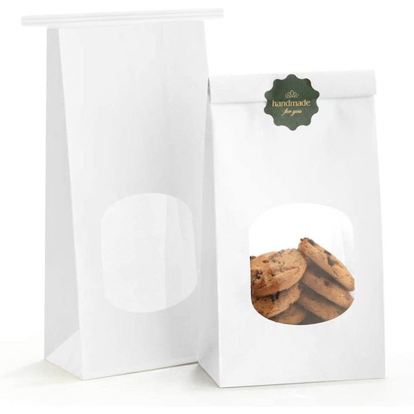 BagDream Bakery Bags with Window Kraft Paper Bags 100Pcs 4.5x2.36x9.6 Inches Tin Tie Tab Lock Bags White Window Bags Cookie Bags, Coffee Bags