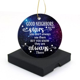 Good Neighbors are Like Star Christmas Ornament 2024 Round Christmas Tree Ornaments Keepsake Gifts for Neighbors Home Decor Flat Circle Ceramic Ornament 3" with a Gift Box